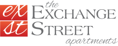 A black and white logo for the exchange street association.